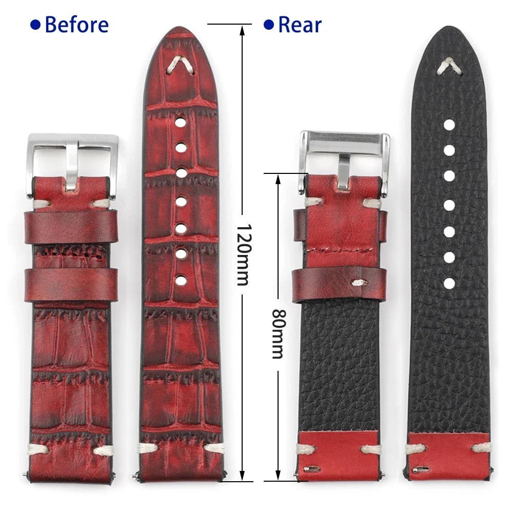 Genuine Leather Watch Strap 18mm 20mm 22mm 24mm Handmade Stitching Vintage Alligator Watchband Replacement for Men Belts