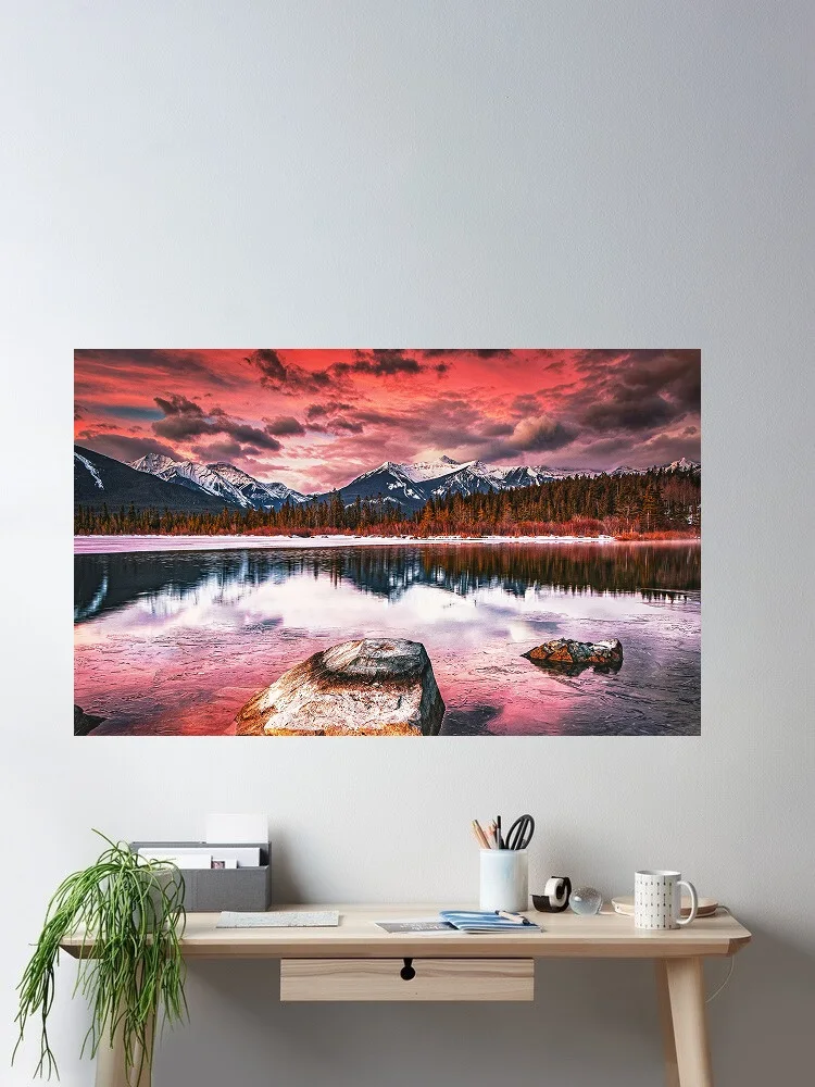 Alpine Sunset Symphony Mountain Lake Art Print Canvas Poster, Living Room Decor, Home Wall Picture