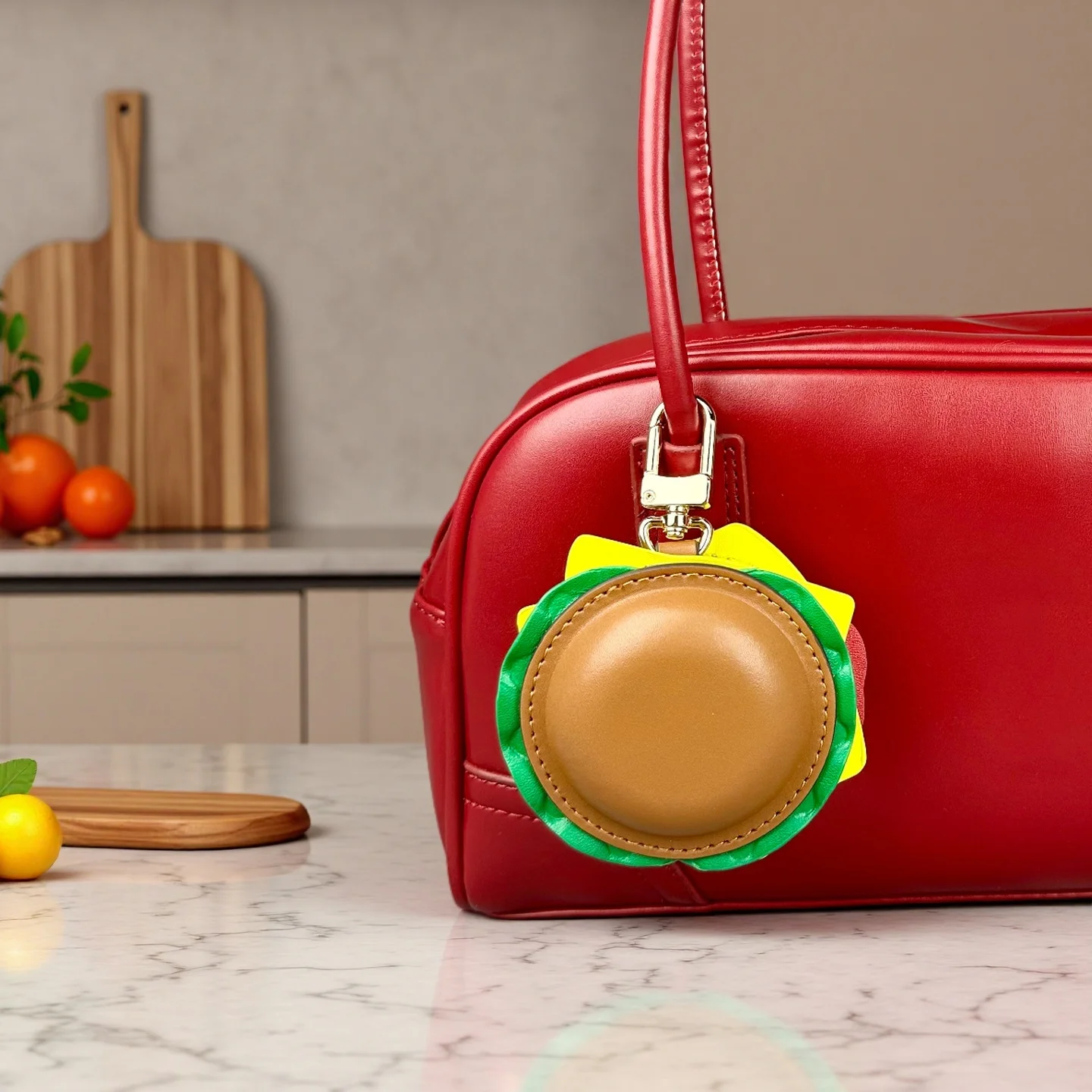 Llavero de cuero genuino hecho a mano con mini bolsa con cremallera para efectivo y artículos esenciales pequeños - Diseño de hamburguesa