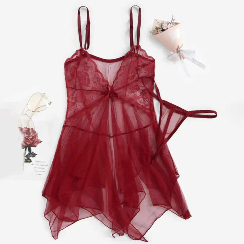 

Elegant Bowknot Lace Mesh Nightgown Thin Deep V Neck Sweet Lace Nightdress T-back Thong Transparent Women Lingerie Indoor