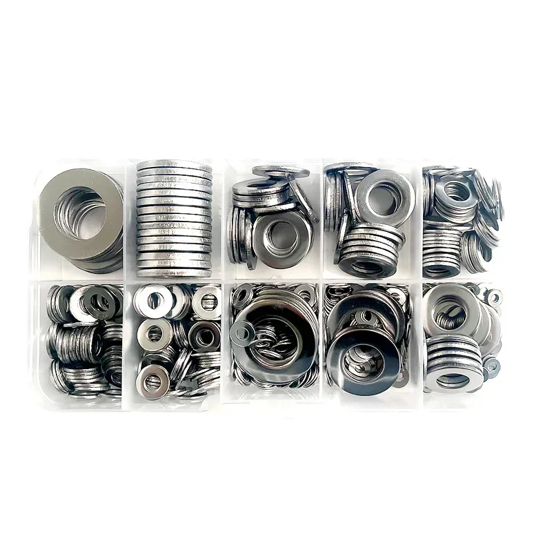 580pcs/Box 304 Stainless Steel Flat Bottom Metal Washer Fastener Box Screw Bolt Flat Washer Kit M2 M3 M5 M6 M8 M10 M12