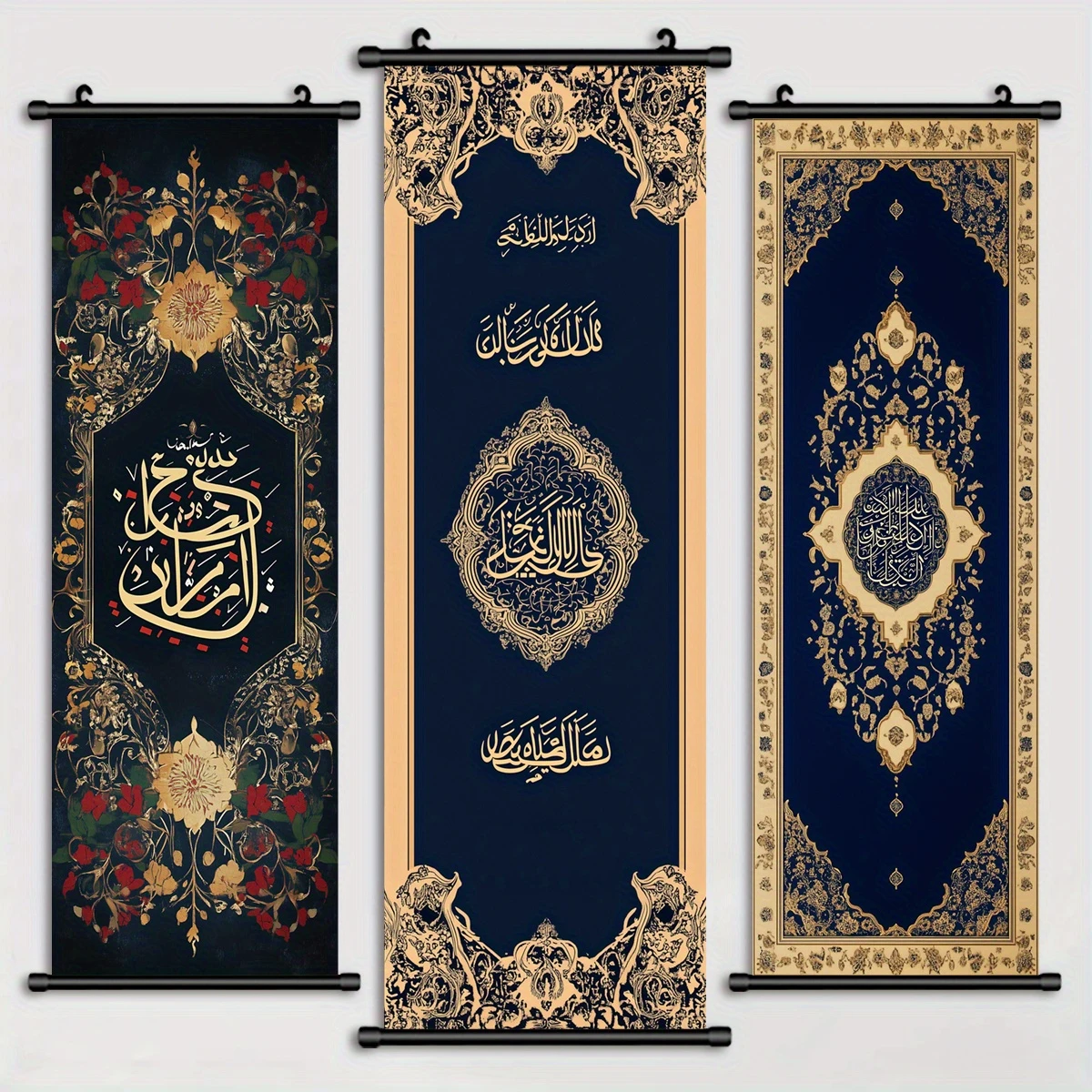 VIKAMA Muslim Arabic Art Scroll Tapestry, Antique Gold and Blue Islamic Ornamental Floral Wall Hanging, Home Decor