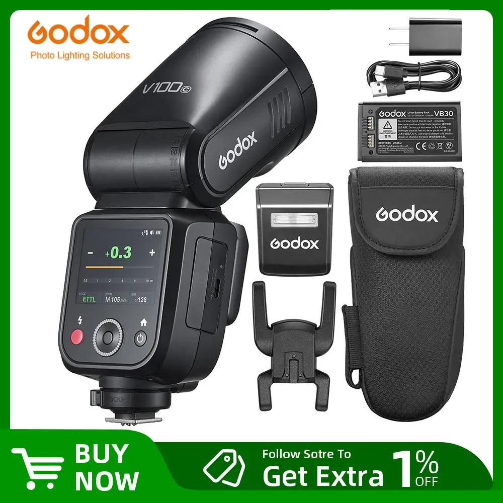 New Godox V100 Round Head Camera Flash Wireless Transmission Speedlite Flash for Canon Nikon Sony Fuji Olympus