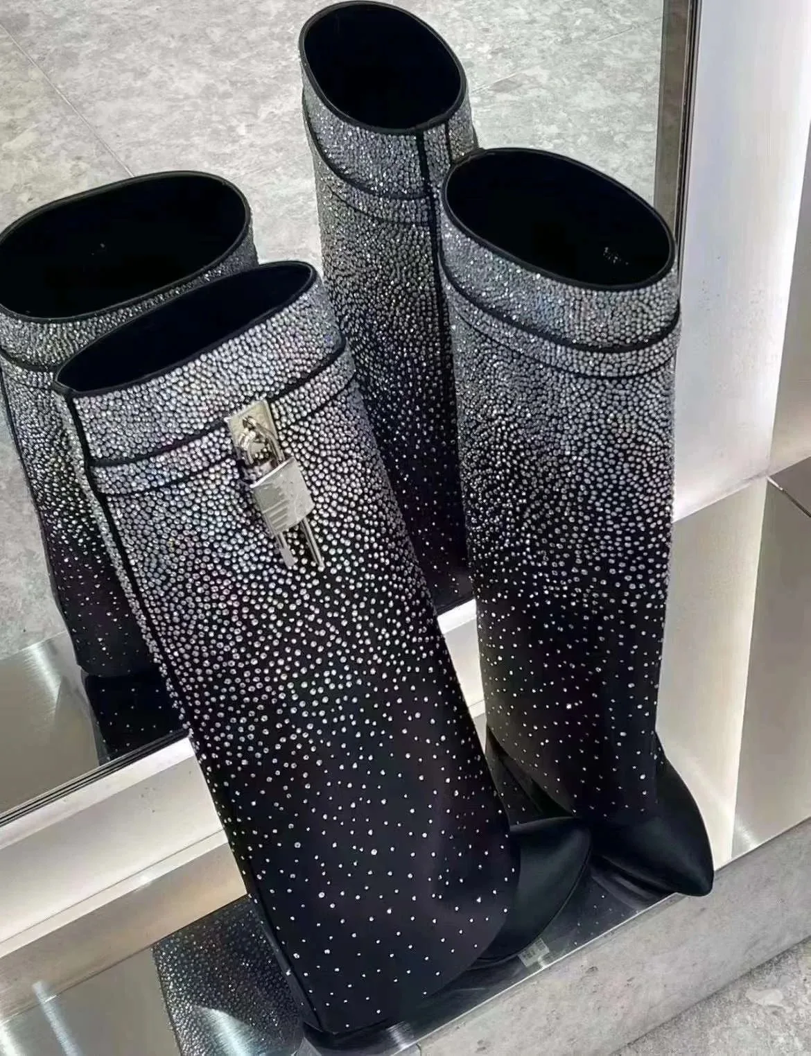 Original Designer Marke Hohe Qualität Herbst Winter Neue Strass Spitze Keilabsatz Große Größe High Heel Stiefel für Frauen – Detail 22