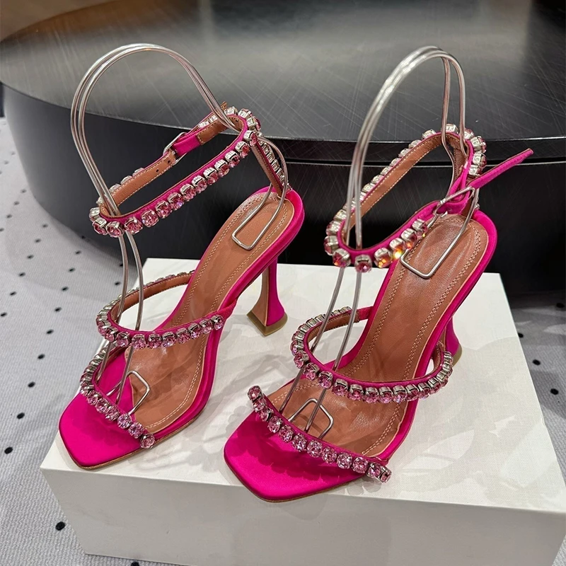 Runway Cup High-Heeled Silk Satin Sandals Women Shiny Rhinestone Decor Ankle Strap Gladiator Sandalias Summer Party Dress Shoes