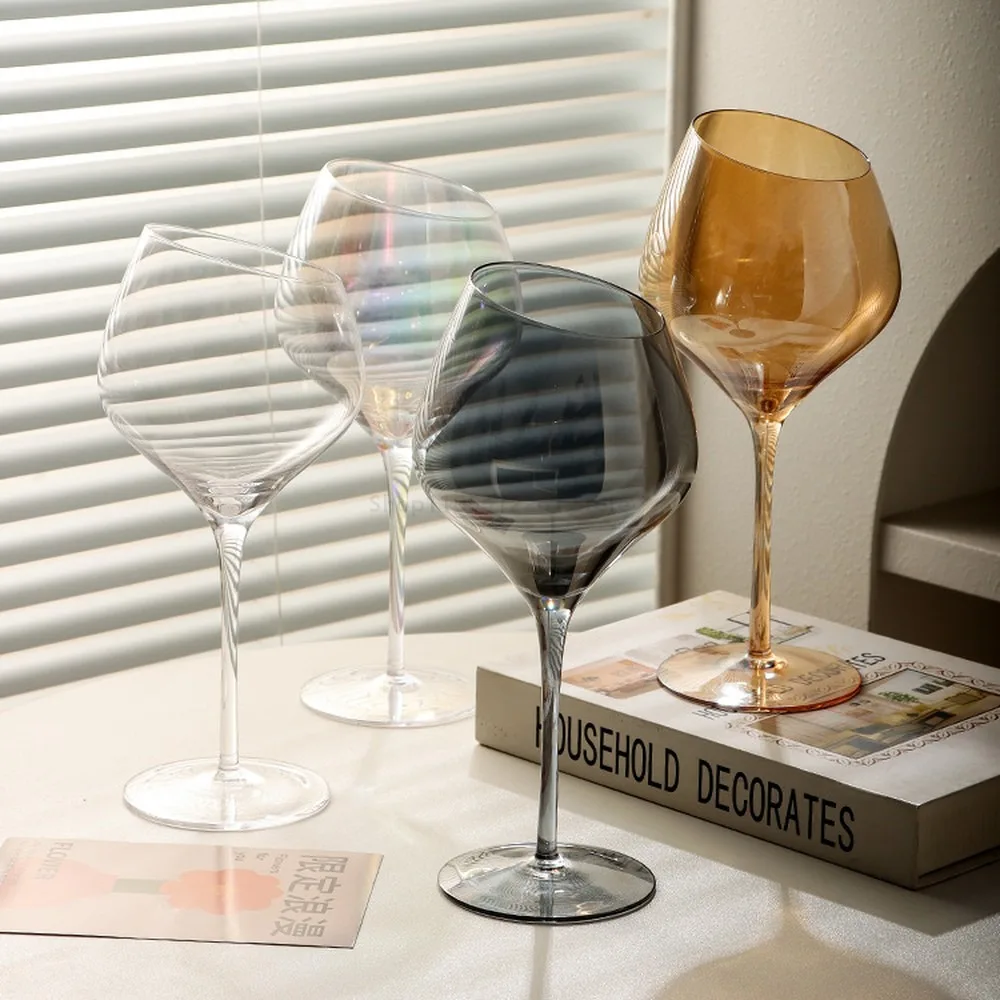 Crystal Glass Red Wine Goblet Set - Electroplated Colored Champagne Cup, Slanted Wide-Body Light Luxury Household