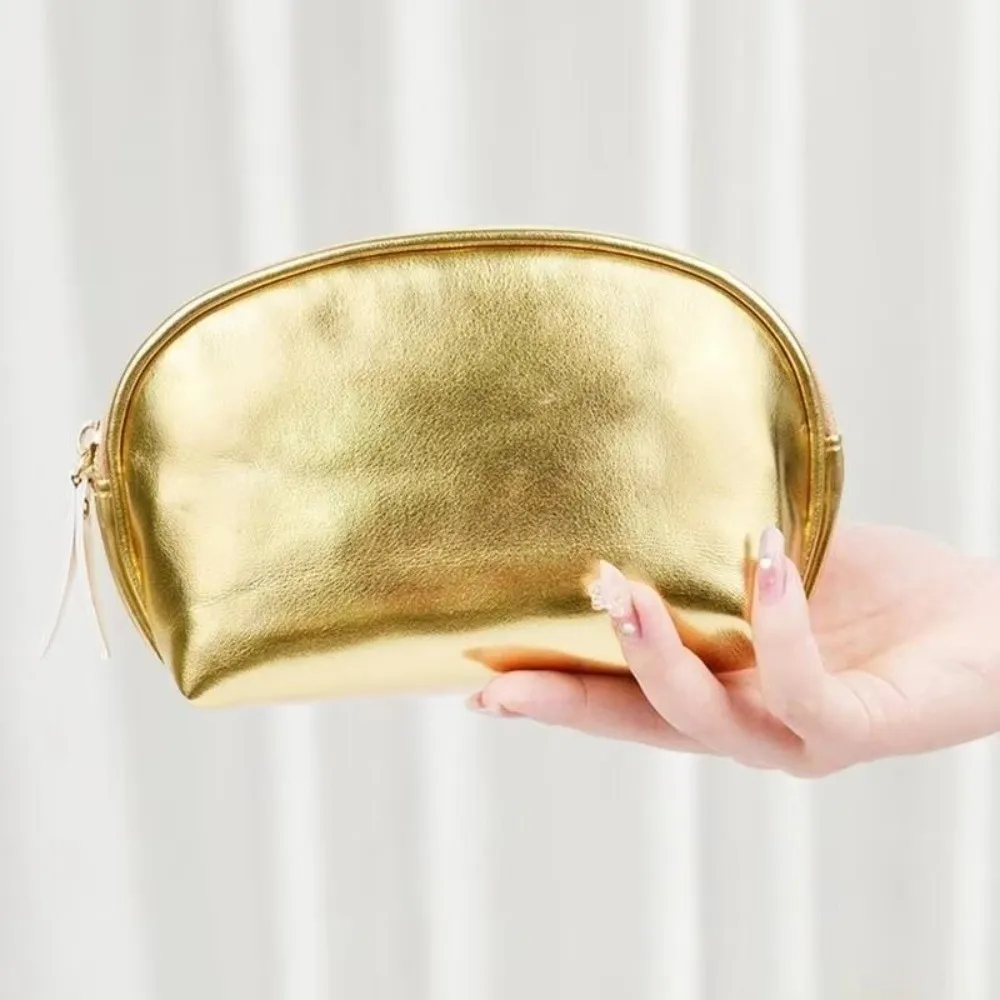 Portable Silver/Gold Handheld Makeup Bag PU Leather Waterproof Cosmetic Bag Soft Zipper Closure Makeup Pouch Cosmetic Storage