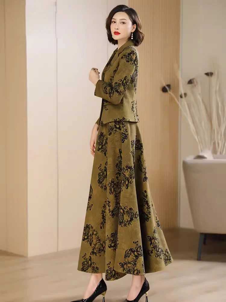 New Women Exquisite Floral Skirt Suits Spring Autumn Fashion Elegant Single Button Slim Blazer and Long Skirt Two Pieces Set