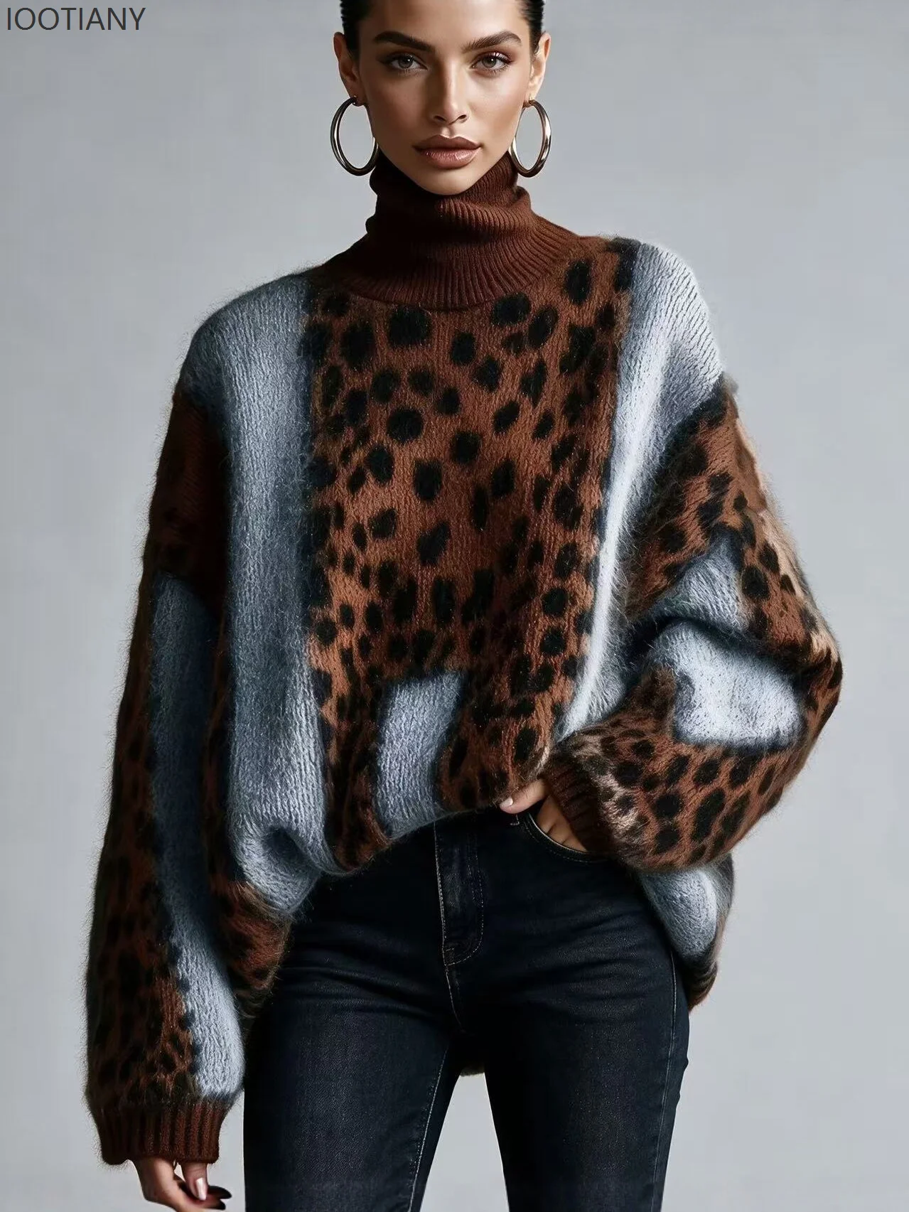 Sexy Patchwork Leopard Print Woman Sweater Autumn Turtleneck Loose Knitwear Top Pullover Winter Long Sleeve Warm Sweaters Jumper