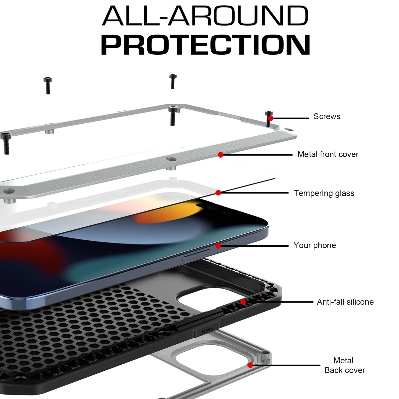 Neue Metall-Schutzhülle mit Rutschfester, Stoßfester 360-Grad-Vollschutz-Funktion für iPhone 16, 15, Xs Max, 11, 12, 13, 14 Serie – Detail 8
