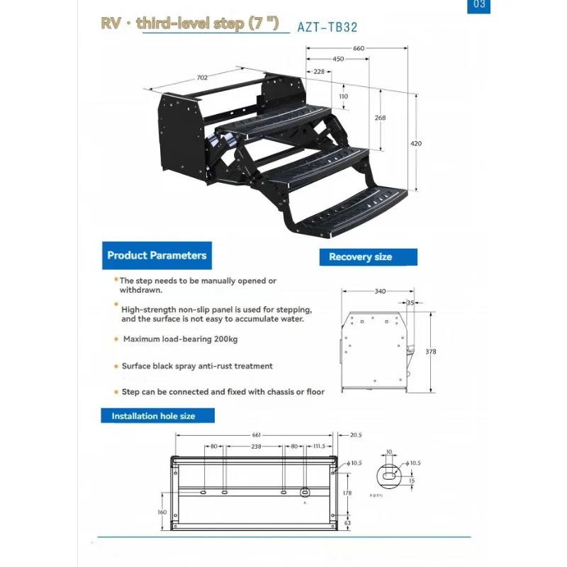 3-Tier Drop Folding Aluminum Alloy RV Stairs Manual Step for American Camper Caravan Trailer Outdoor Camp Use