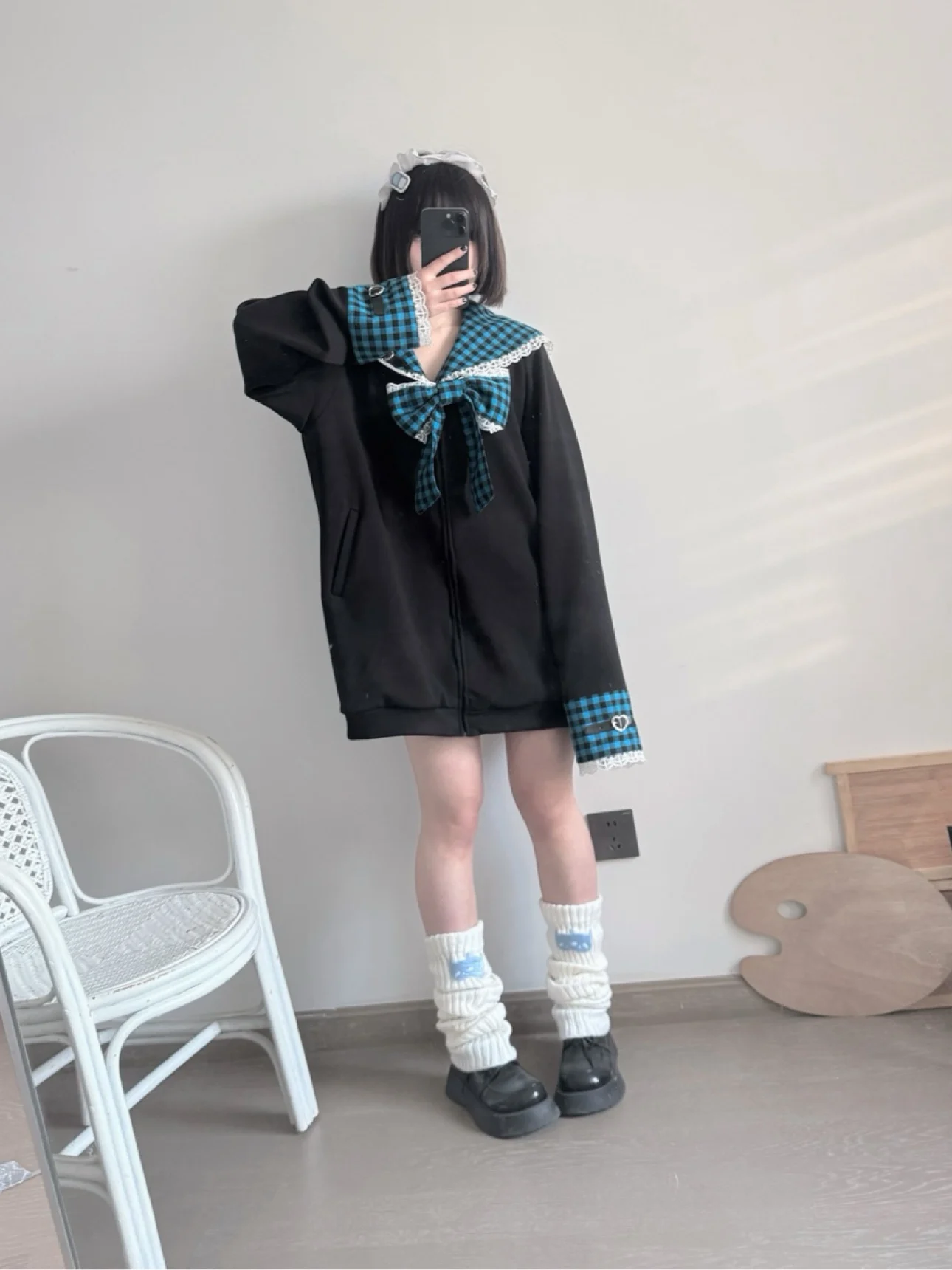 Original Sailor Collar Plaid Big Bow Zipper Cardigan Jacket Contrasting Color Subculture Women's Hoodie Coat Outwear Autumn 2025