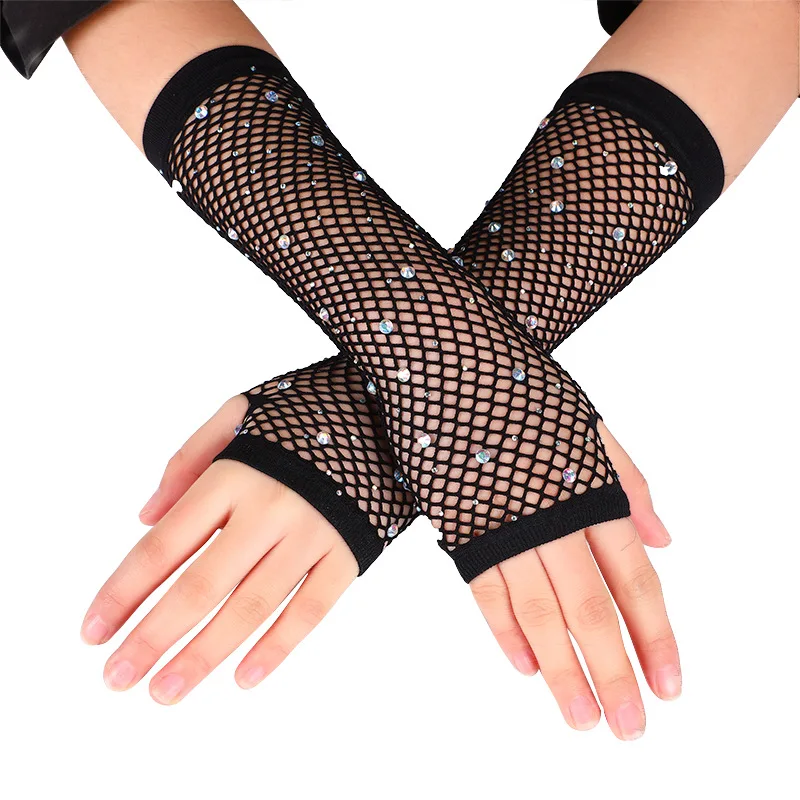 

Sexy Lace Electric Syllable Colored Flash Diamonds Fingerless Mittens Summer Hollow Fishing Net Punk Hiphop Women's Gloves K80