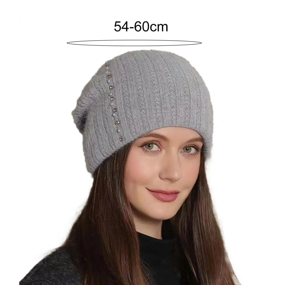 Winter Knit Hat Elegant Rhinestone Faux Pearl Decor Winter Hat for Women Warm Anti-slip Knit Cap for Outdoor Cycling Highly