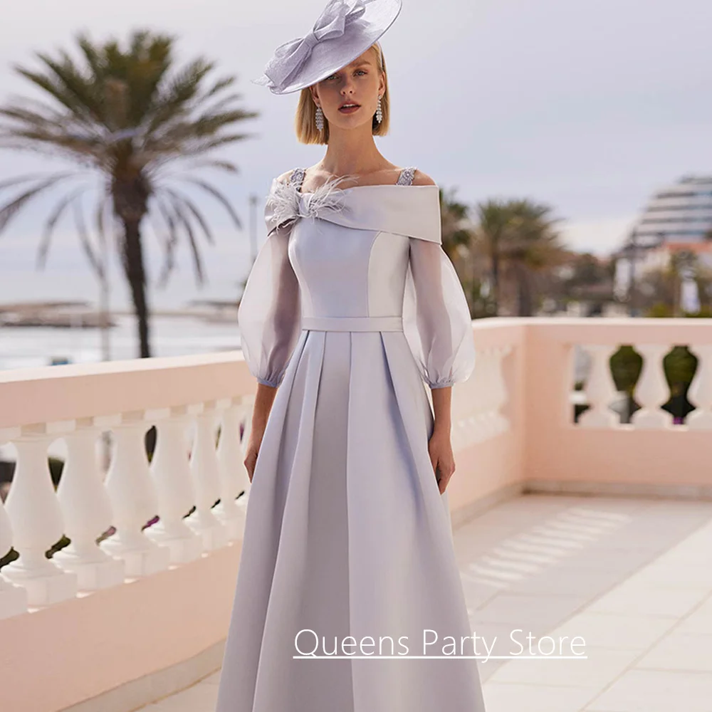 فستان أم العروس مخصص بدون أكتاف مطرز باللؤلؤ 3/4 الأكمام على شكل حرف A من الساتان لحفلات الزفاف #3