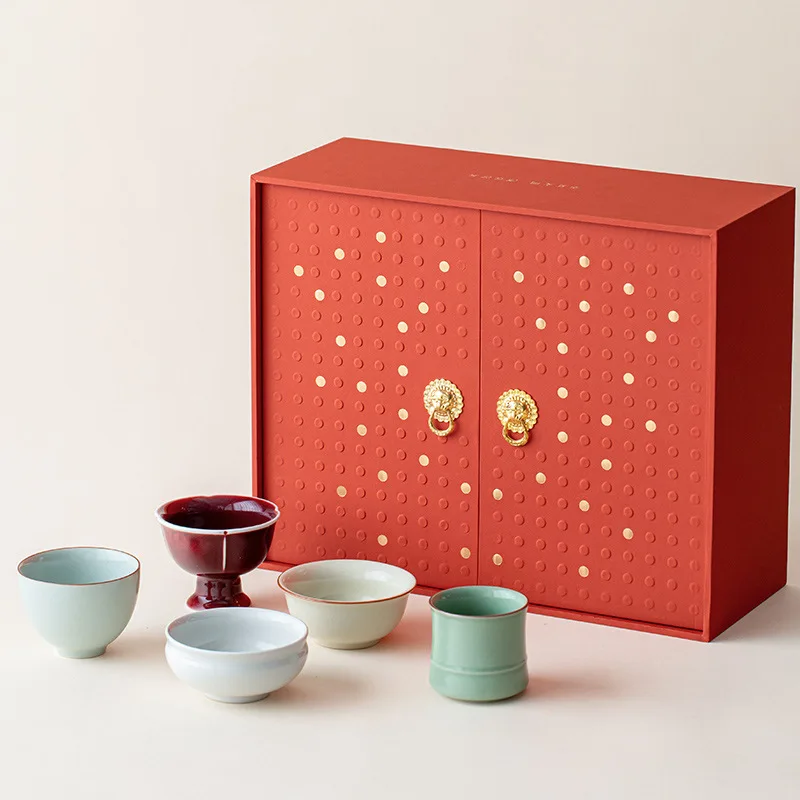 Five Famous Kilns Five Blessings Cup Gift Box Chinese Ceramic Teacup Tasting Cup Tea Cup Set