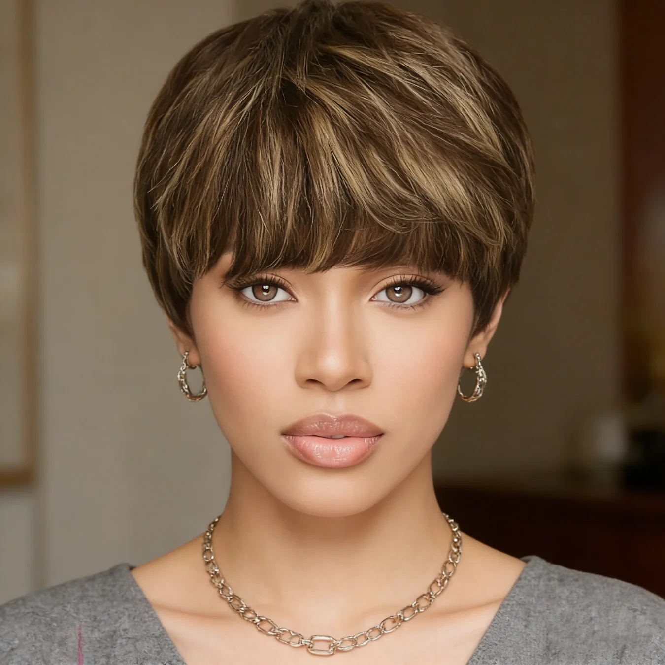 P4/27 Mixed Brown Highlight Pixie Cut Wig Human Hair for Women Short Straight with Bangs 180% Density Natural Look Versatile St image 2