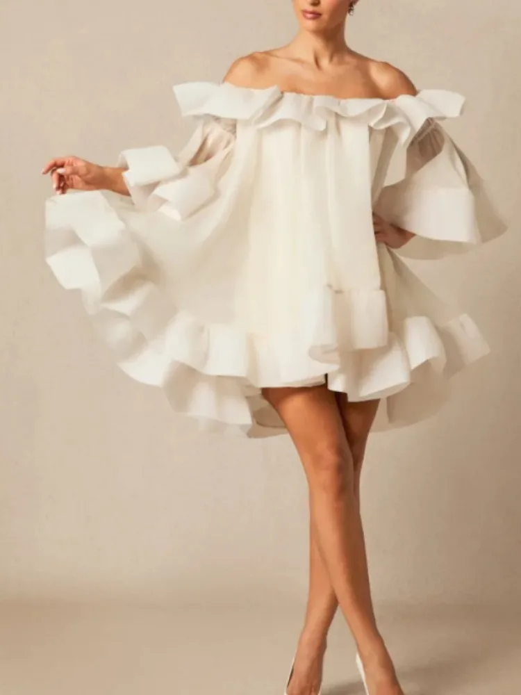 

Bonboho Women's White Off-Shoulder Mini Dress Cascade Ruffle Sleeves High-Low Hem Pleated Party Dress 2025 Stylish Flowy Dress