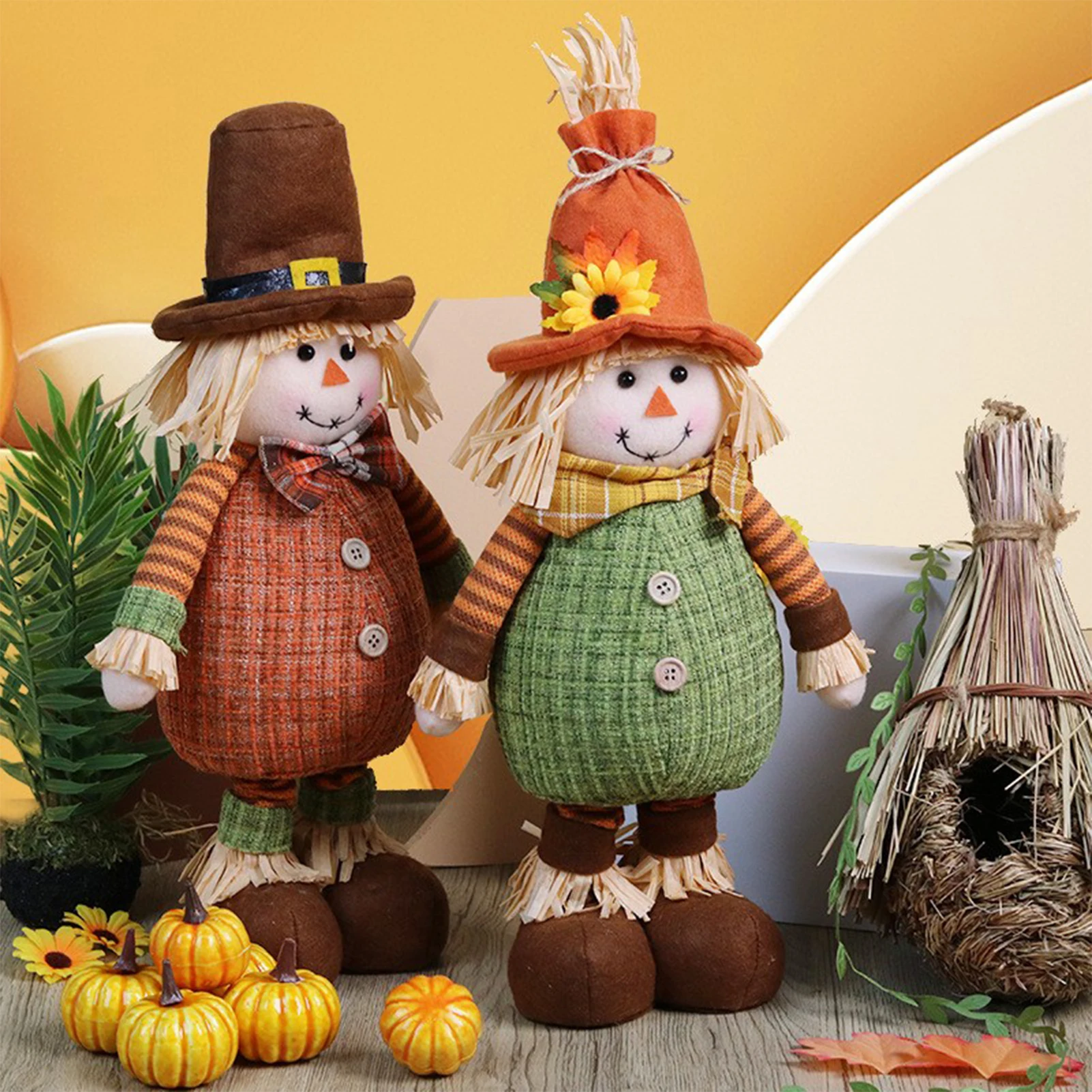 ZK30 Thanksgiving Scarecrow Telescopic Doll Harvest Season Decoration Maple Leaf Sunflower Straw Hat Decorative Elderly Doll