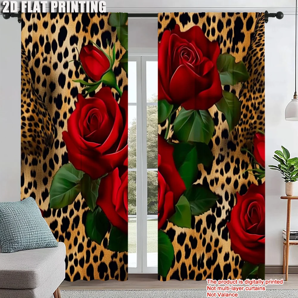 

2Pcs Rose Digital Printed Window Curtains For Living Room Bedroom Rod Pocket Design For Easy Installation Leopard Rose Pattern