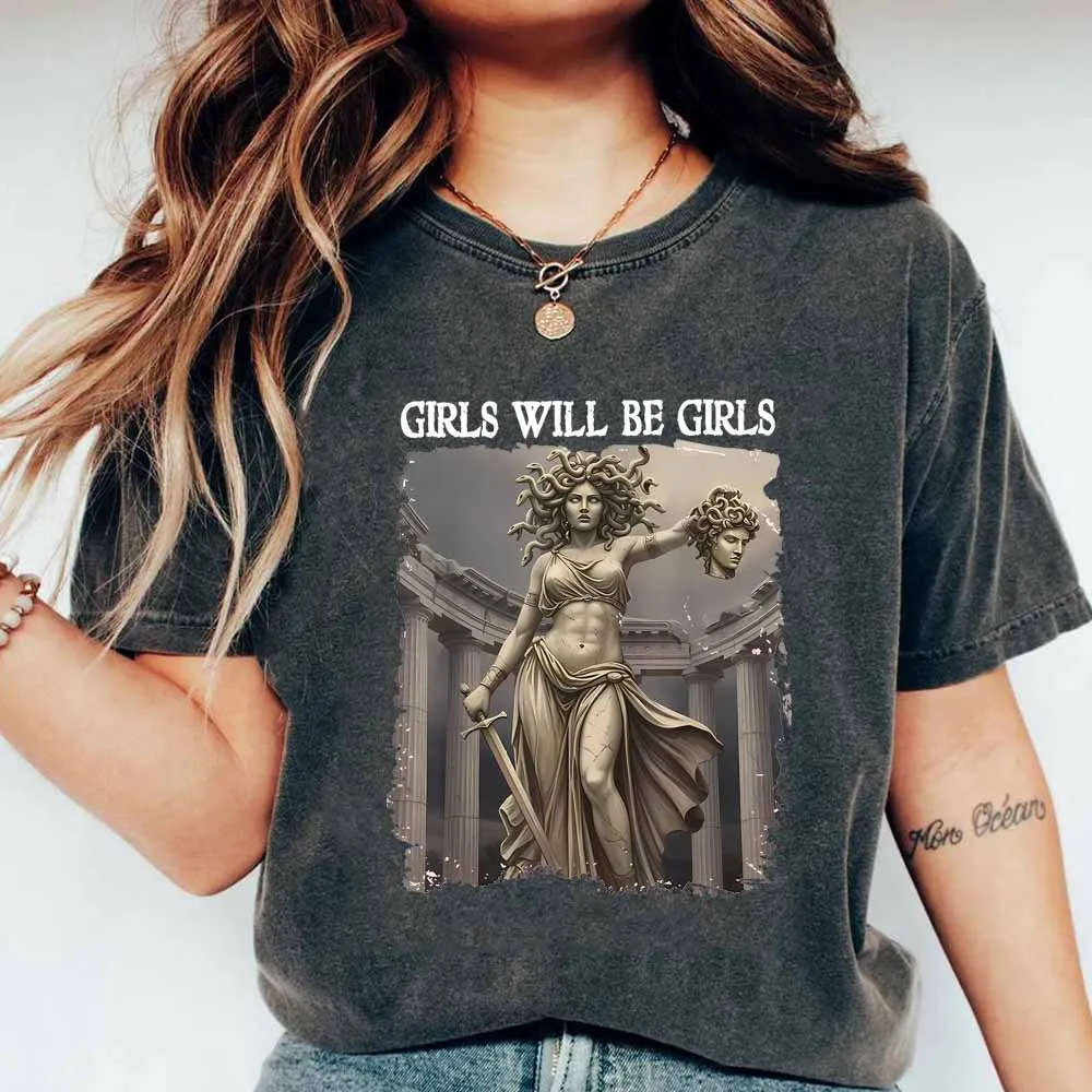 Retro Girl Will Be Girls Medusa Feminist Women Feminism T-Shirt Equal Rights Tee Witch Burn The Patriarchy Halloween Witchy Tops