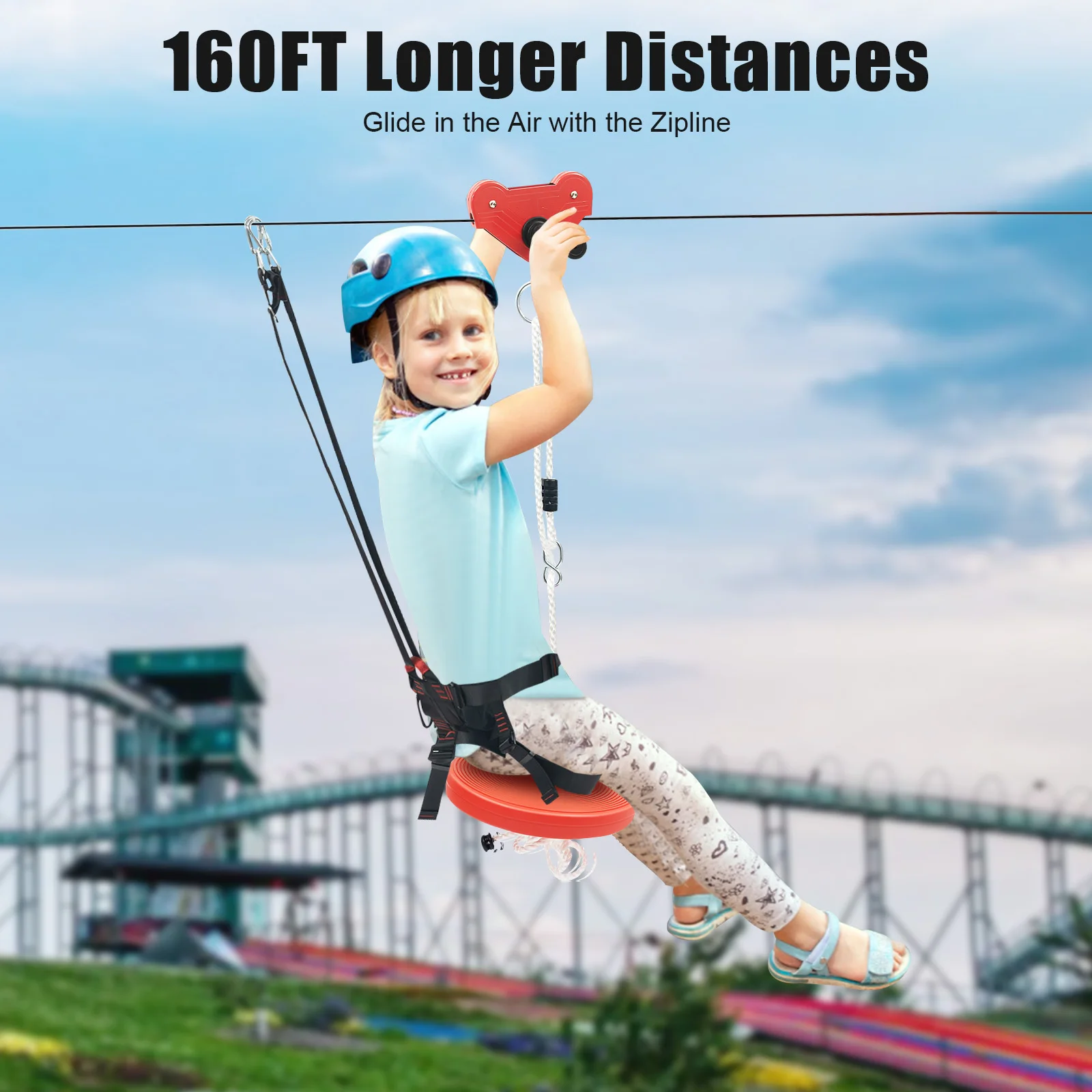 Conjunto infantil Zipline Adventure – Aço resistente e freio de segurança, diversão ao ar livre no quintal, maiores de 3 anos, fácil montagem, presente perfeito para família