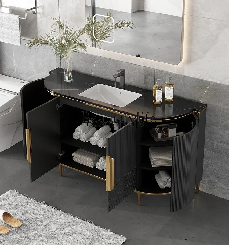 Light Luxury Bathroom Cabinet Solid Wood Modern Minimalist Floor Bathroom Wash Basin Cabinet Combination