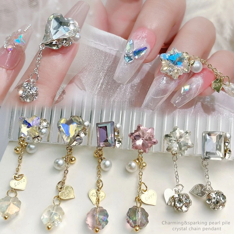 1Pc Popular Crystal Stacked Nail Charms Sparkly Tassel Slant Heart Square Chain Rhinestones DIY Manicure Decor Ornaments