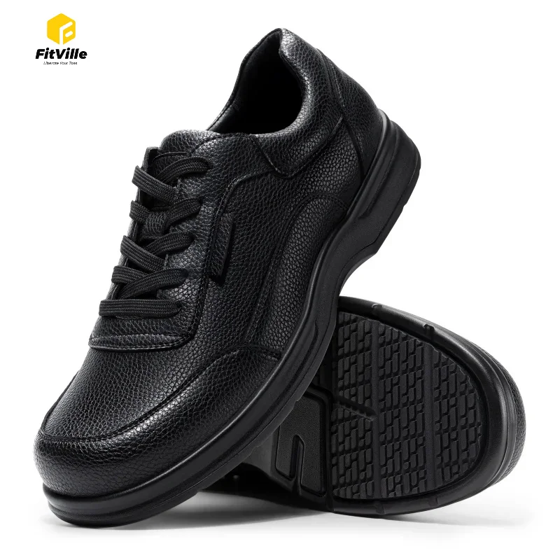 Fitville Men'S Business Leather Shoes Wide Design Casual Oxford Shoe Non-Slip Water-Repellent For Swollen Feet With Arch Support
