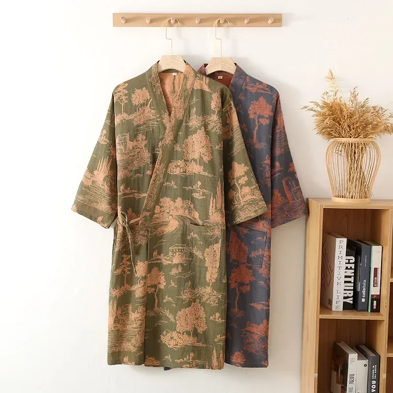 

Long Cotton Kimono Robe Men Blue Green Printed Bathrobe Comfortable Homewear for Spring Summer Autumn Fashion Style