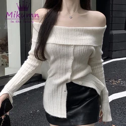 Mikumn-suéter de punto para mujer, jersey de manga larga con cuello oblicuo y hombros descubiertos, moda coreana, Sexy, ajustado, prendas de punto de una sola botonadura, otoño