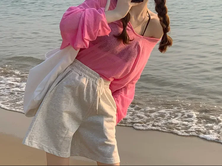 Sexy Transparent Top Solid Color V-Neck Long Sleeved Loose Long Sleeved T-Shirt Top for Women's Summer Beach Sunscreen Shirt Top