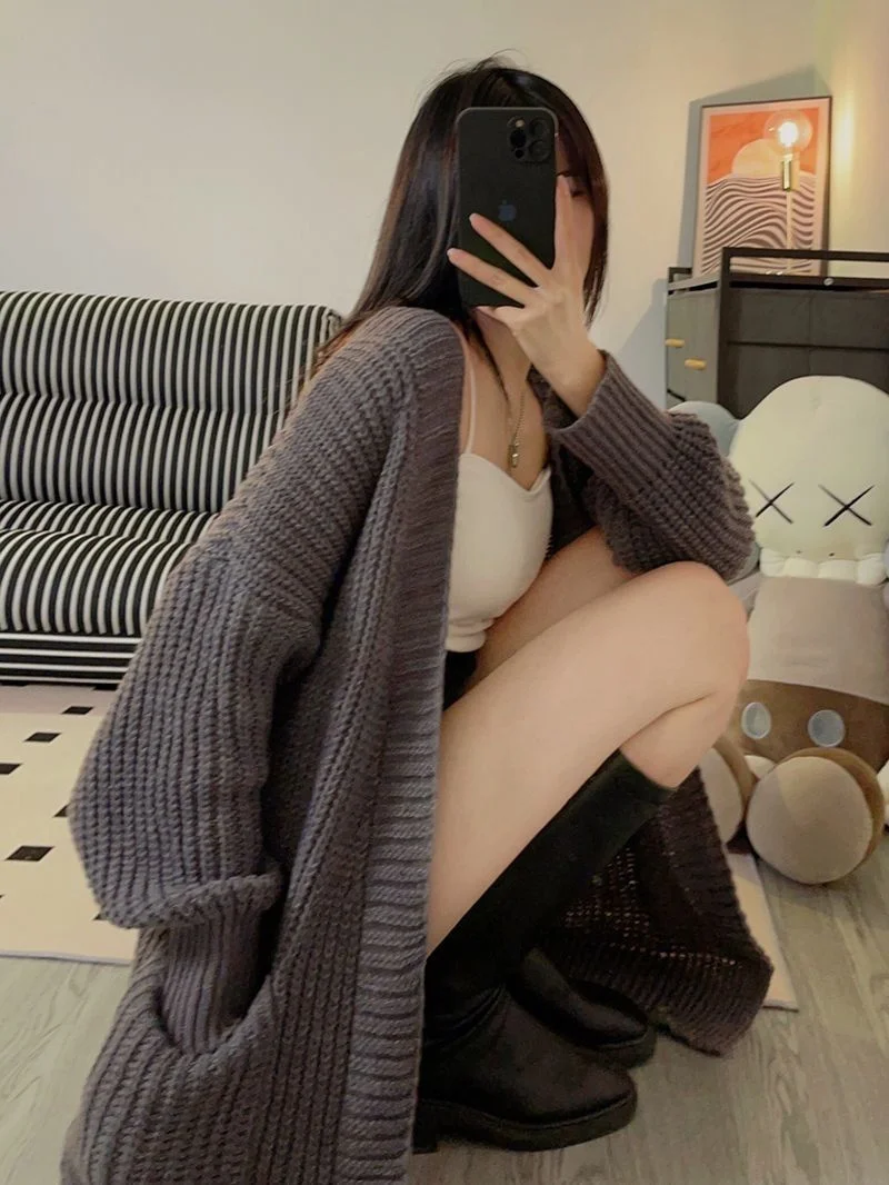 

Mid-Long Cardigans Unique Womens Fall Batwing Skin-Friendly Rib V-Neck Collar-Bone Soft Chic Openwork Outerwears Fur-Trim Tender