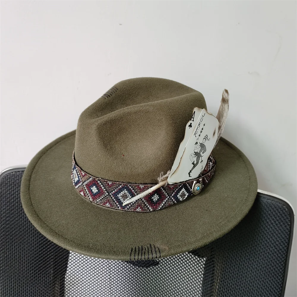 Męski i damski filcowy kapelusz z piórami Fedora Army Green Kapelusz jazzowy z szerokim rondem Kapelusz dla dżentelmena Karta do gry Fedora Jesień Zima