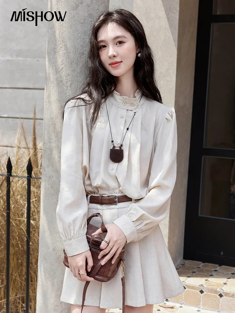 MISHOW Vintage Women Shirt Vest Coat Short Skirt Separately 2024 Fall Winter French Apricot Stand Neck Shirt Sweet  MXD48C0365