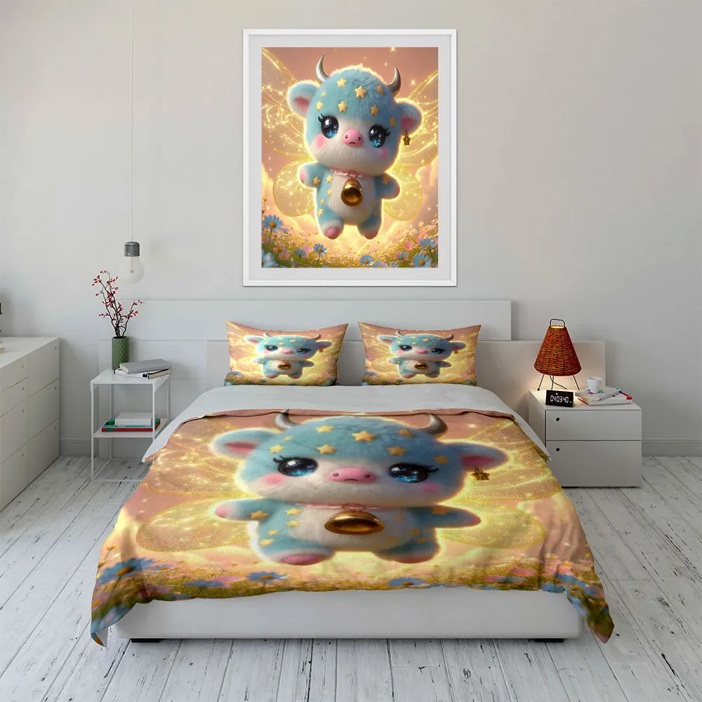 Dreamy blue calf with glowing wings Duvet Cover Set with 3D Printing Design Soft Polyester Bedding Set All-Season Comfort
