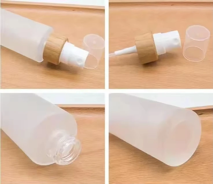 

Frosted Eco Friendly Plastic Pump Empty Glass Bottles Portable Atomizer Liquid Lotion Spray Oil Containers with Bamboo Lids