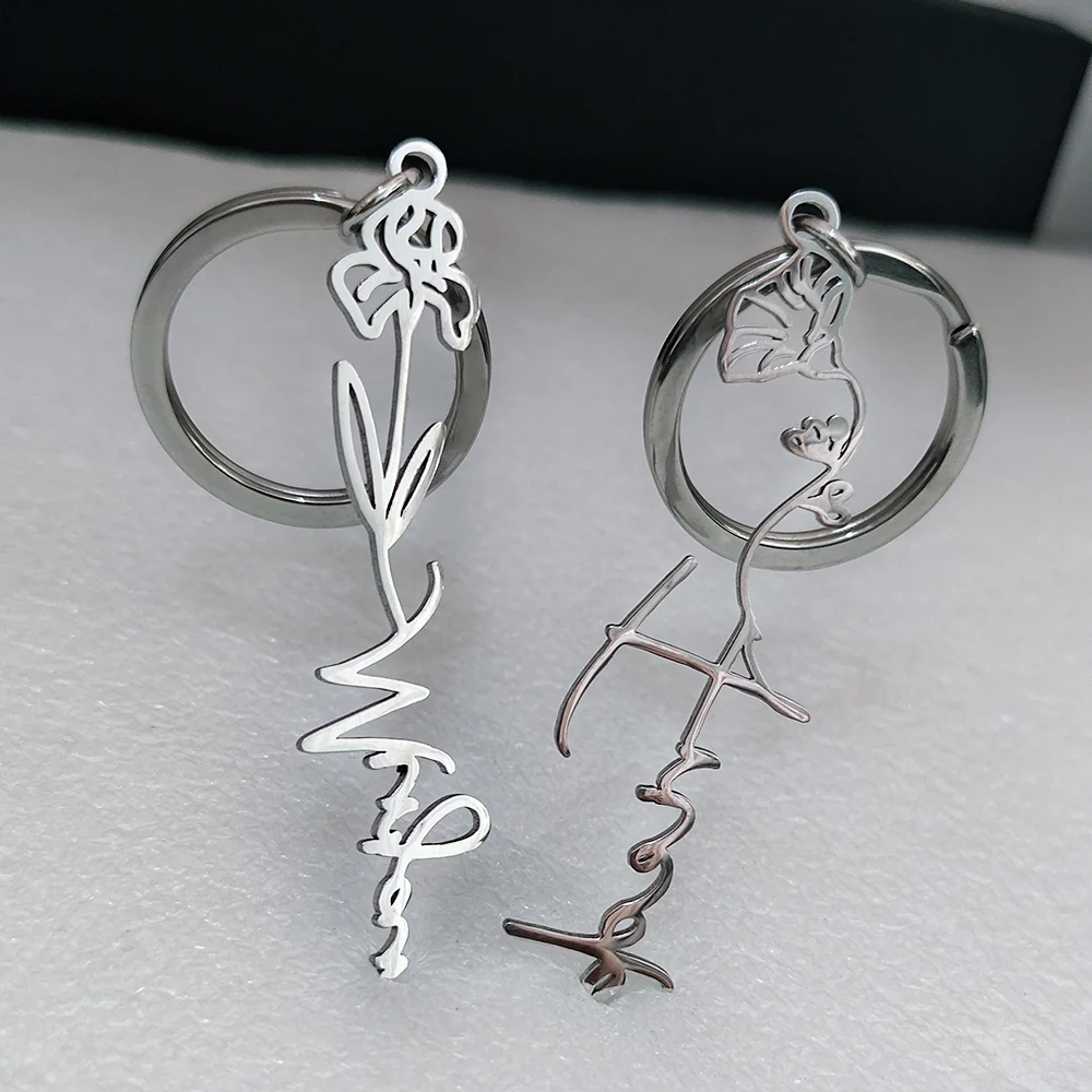 

Customized Engraving Twelve Name Birth Flowers Pendant Keyring Stainless Steel Personalized For Women Jewelry Keychain Gifts