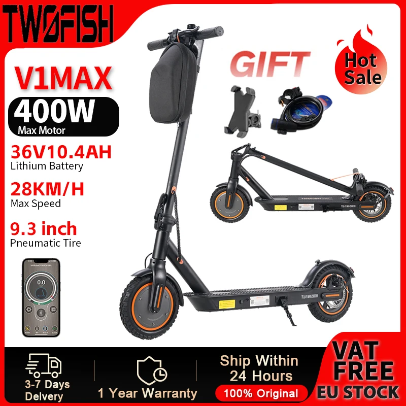 TWOFISH Scooter électrique 400W moteur de puissance 36V 10.4AH 28 Km/h vitesse maximale 100kg charge 9 pouces pneu pneumatique frein à disque e-scooter