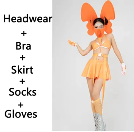 Zestaw Królik Seksowna Moda Polo Strój do Tańca Klub Nocny Bar Festiwal Pomarańczowy Skórzany Top Spódnica Nakrycie Głowy Motylkowe Kostiumy