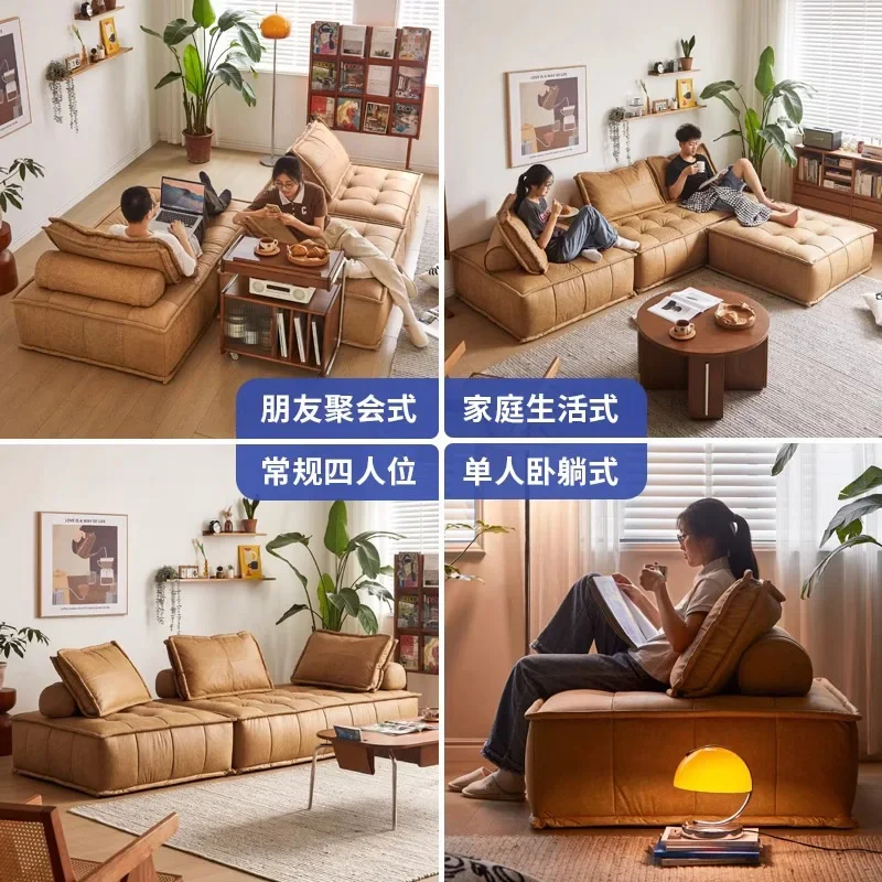 Sofá de couro medieval sala de estar retro módulo de couro sofá italiano simples combinação quadrada