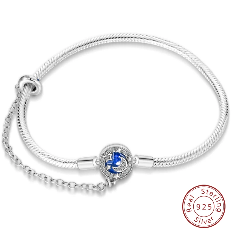Armband Silber 925, Original 17–20 cm, Stern, Mond, Sonne, vierblättriges Kleeblatt, grüner Zirkon, Armbänder, passend für DIY-Charms, Geburtstag, Schmuck, Geschenke