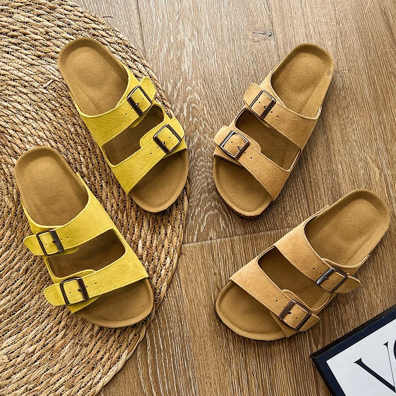 2024 Summer Women\'s Two Buckle Cork Slippers Cow Suede Leather Flats Sandals For Women Retro Yellow Garden Mule Clog Slides