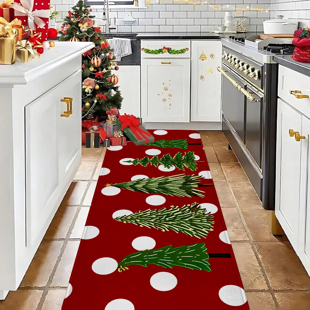 1/2/3 Stück Weihnachtsküchen-Bodenmatte, rotes und grünes Weihnachtsbaum-Design-Küchenteppich-Set, Feiertagsdekoration