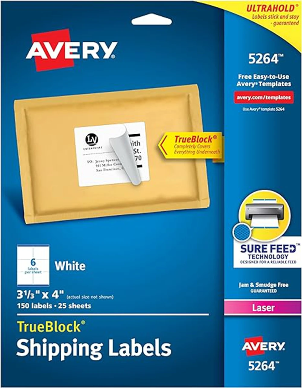 Avery Shipping Address Labels,Laser Printers,150 Labels, 3-1/3x4, Permanent Adhesive, TrueBlock,5 Packs (5264)