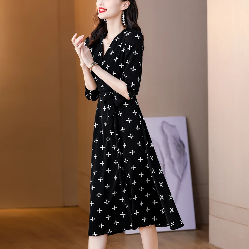 2025 Spring Black Print Knitting Long Sleeve Dress Korean Vintage Women Dress Elegant Bodycon Black Party Evening Vestidos