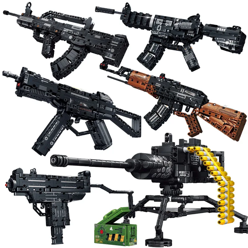 

Military MOC M2 Machine Gun Sniper Rifle K98 MP5 AK47 M4A1 Gatling Gun Building Blocks DIY UZI Weapon Bricks Toys For Kids Gifts