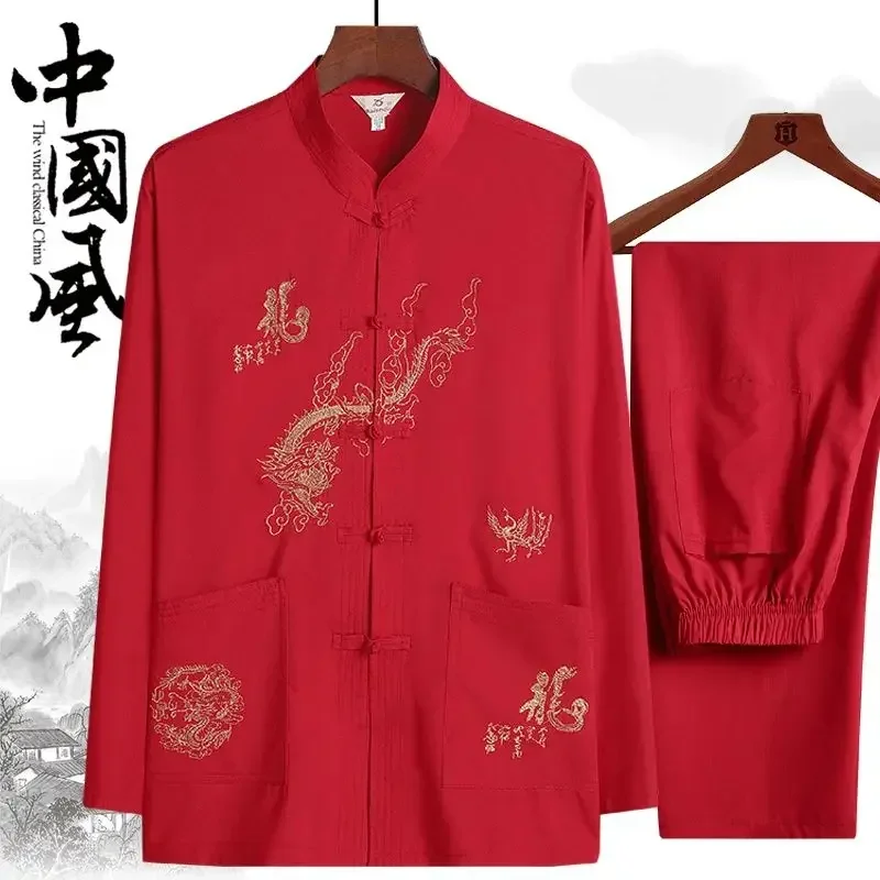 

Chinese Embroidery Dragon Print Flower Men's Tang Suit Chinese Traditional Hanfu T-shirt Kung Fu Coat Father's Oriental Cardigan