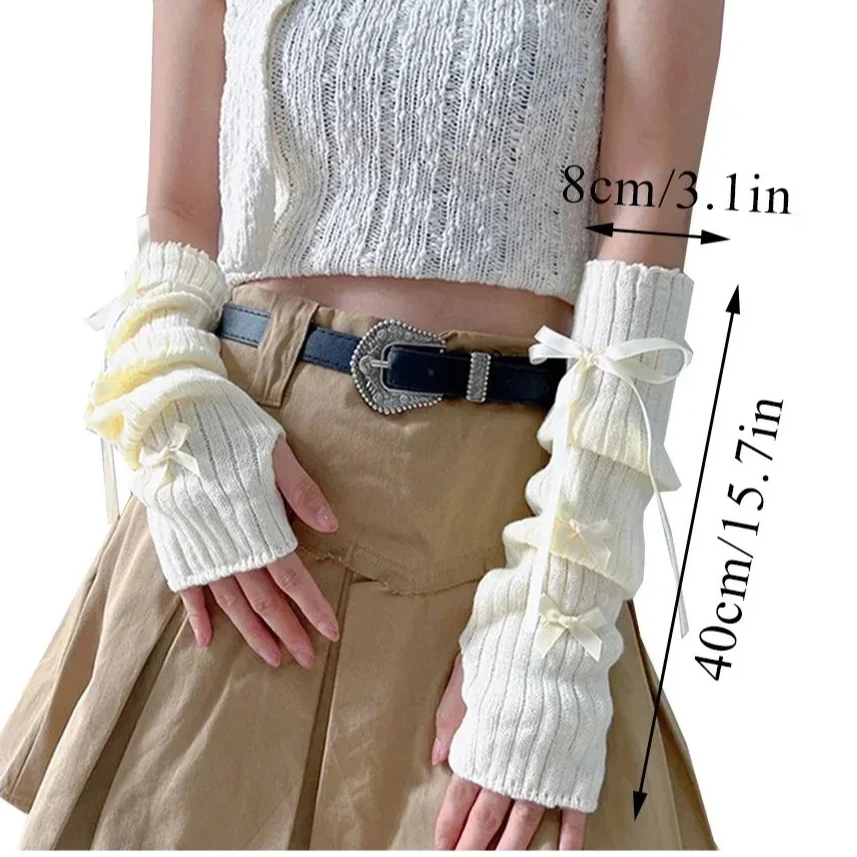 أنثى Y2K موضة الشرير مدفئات للذراع Bowknot لينة قفازات محبوكة النساء فتاة نصف اصبع القفازات بلون رشاقته أكمام أذرع تبريد