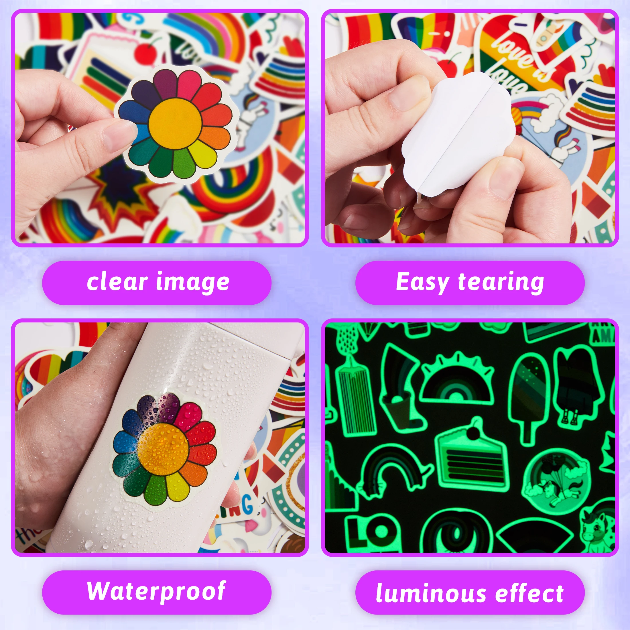 สติกเกอร์รุ้งน่ารักลายการ์ตูนเรืองแสงในที่มืด50แผ่น, ขวดน้ำกันน้ำ, สติกเกอร์สมุดบันทึก,